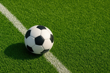 A symbol teamwork and competition the classic black and white soccer ball rests on a vibrant green field marked by a clean boundary