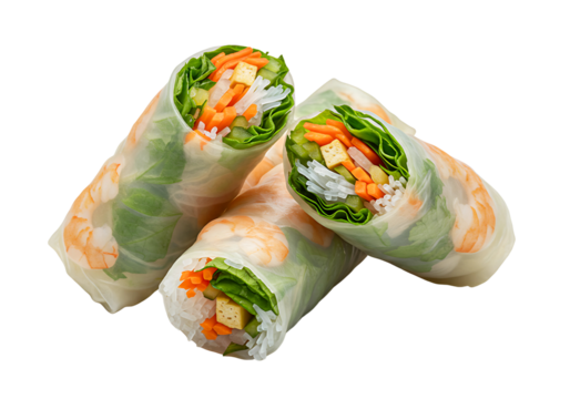 Fresh shrimp and vegetable summer rolls isolated on transparent background