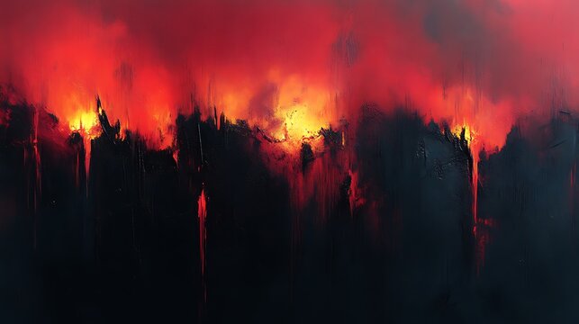 Fiery landscape, dark silhouettes - Powered by Adobe