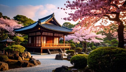 Obraz premium Serene Japanese Garden Temple Adorned with Blooming Cherry Blossoms Beauty