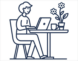 Line Art Icon – Laptop, Tea Mug, and Flower Vase on Table