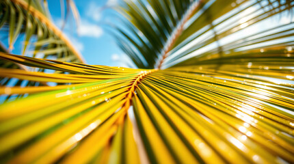 Tropical palm leaves with a serene ocean and sky in the background.