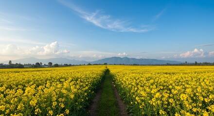 Serene Yellow Mustard Field Path Leading to Distant Mountains under Blue Sky