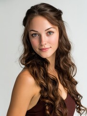 Naklejka premium Stunning woman with long, curly brown hair. Perfect for beauty, haircare, and fashion. Ideal for websites, magazines, and advertising.