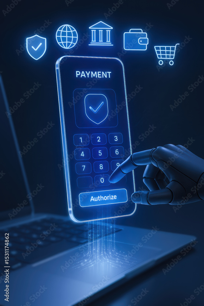 Aufkleber a robotic authorizes a secure digital payment on a futuristic transparent smartphone projecting virt