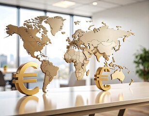 A stylish office desk displays golden dollar and euro signs with a decorative world map backdrop. The scene emphasizes international finance and global economic influence.
