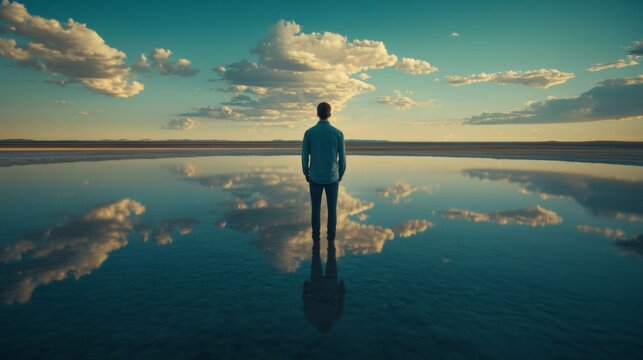 Contemplative Man Reflecting in Calm Water Under a Sunset Sky