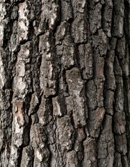 Deeply furrowed bark of a mature tree, showcasing intricate patterns and textures.