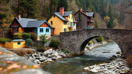 house in the woods, old house in the village, hut in the jungle, river, stone bridge
