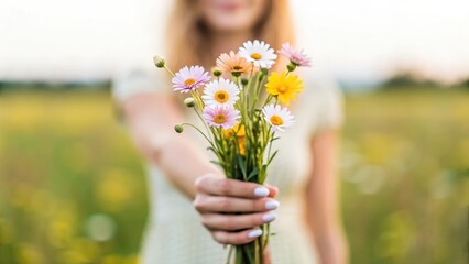 A woman holds a colorful bouquet of wildflowers in a scenic field setting.