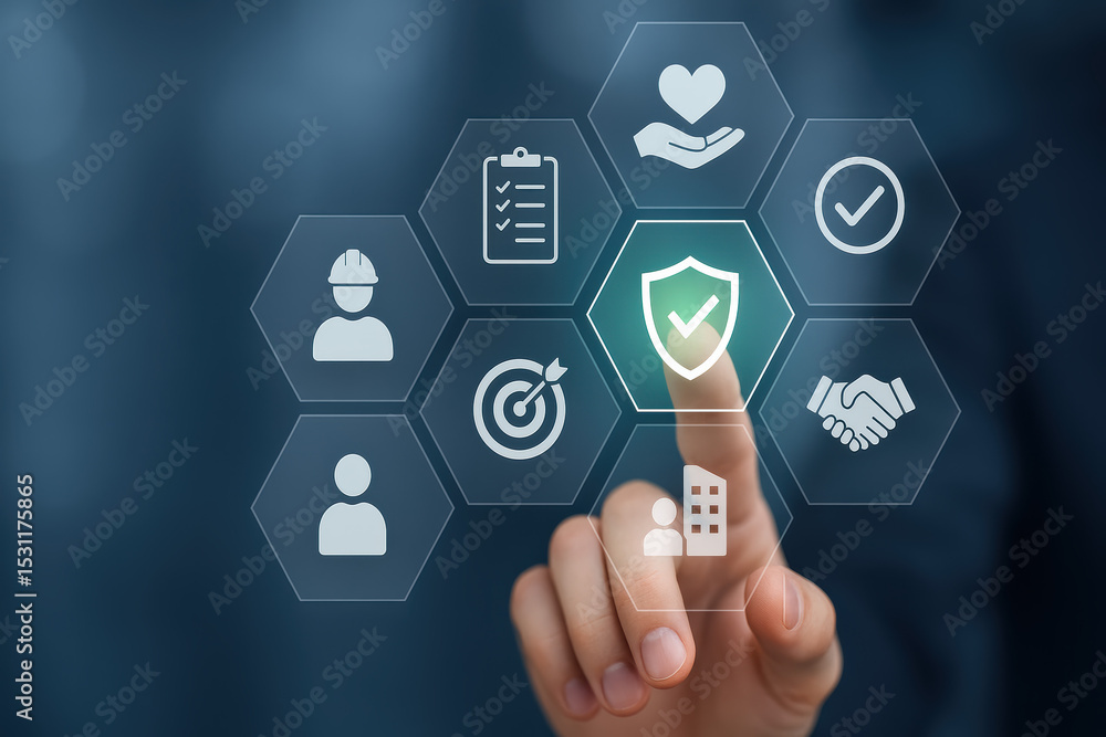 Poster a close-up a pressing a translucent hexagonal interface symbolizes protection and efficiency in busi