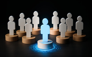 Leadership emerges as a glowing figure stands distinct among uniform peers on wood platforms symbolizing influence and recognition