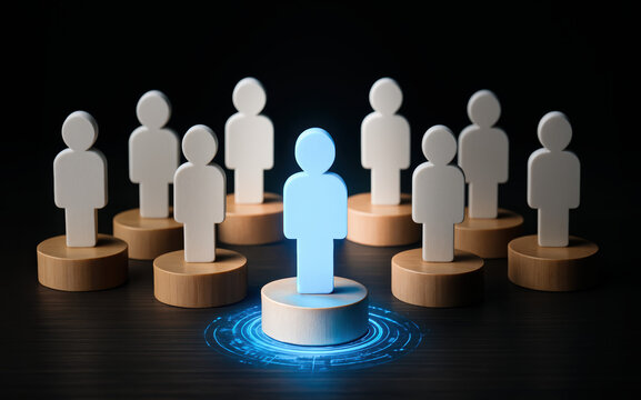 Leadership emerges as a glowing figure stands distinct among uniform peers on wood platforms symbolizing influence and recognition