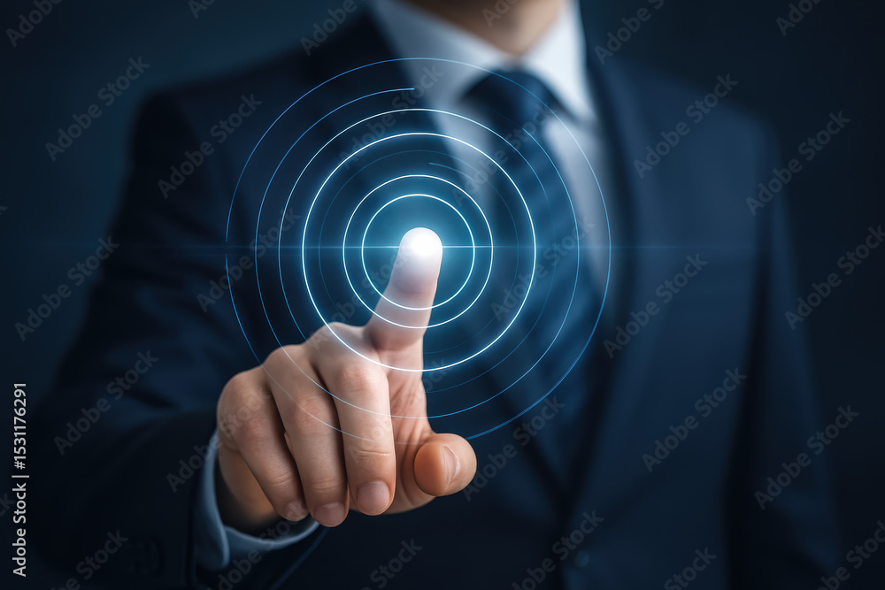 Poster innovation drives progress as a businessman interacts with a glowing circular interface symbolizing 