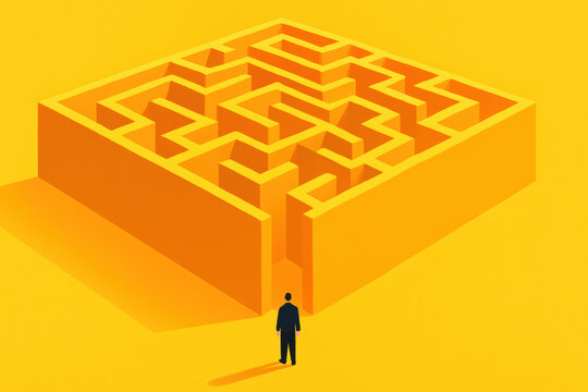 Navigating complexity requires strategic thinking and decision making as shown by a person facing a large intricate maze with high walls in yellow-orange tones