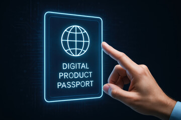 A digital interface highlights global connectivity and authentication concepts as a interacts with a virtual product passport screen