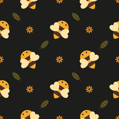 Bee cartoon so cute. On flower leaf black background. Pattern seamless vector illustration. 