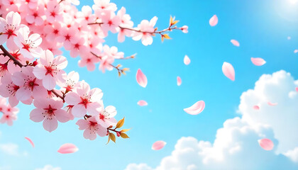 Cherry Blossom Branches and Falling Petals Against a Blue Sky