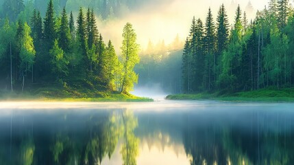 Misty Sunrise Over a Forest River with Soft Reflections
