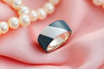 Modern Black White Ring on Pink Fabric with Pearls