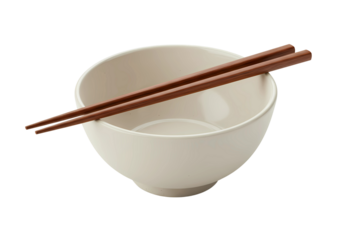 Empty ceramic bowl with wooden chopsticks isolated on transparent background