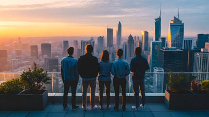 Plakat Friends watching city sunrise rooftop view
