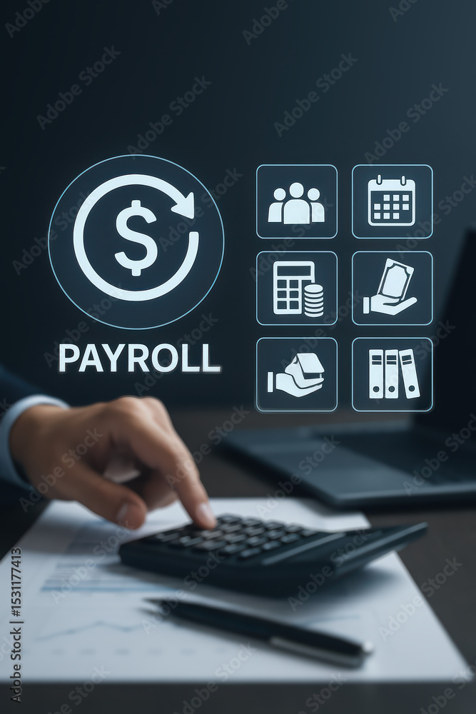 Poster a digital interface illustrates the continuous process managing payroll finance and teamwork for eff