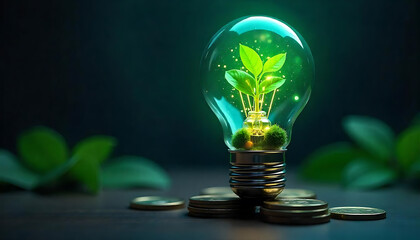 Green Energy Concept: Plant Growing Inside a Light Bulb with Coins