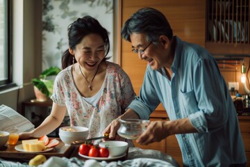 Portrait of a satisfied asian couple in their 40s preparing a surprise breakfast in bed