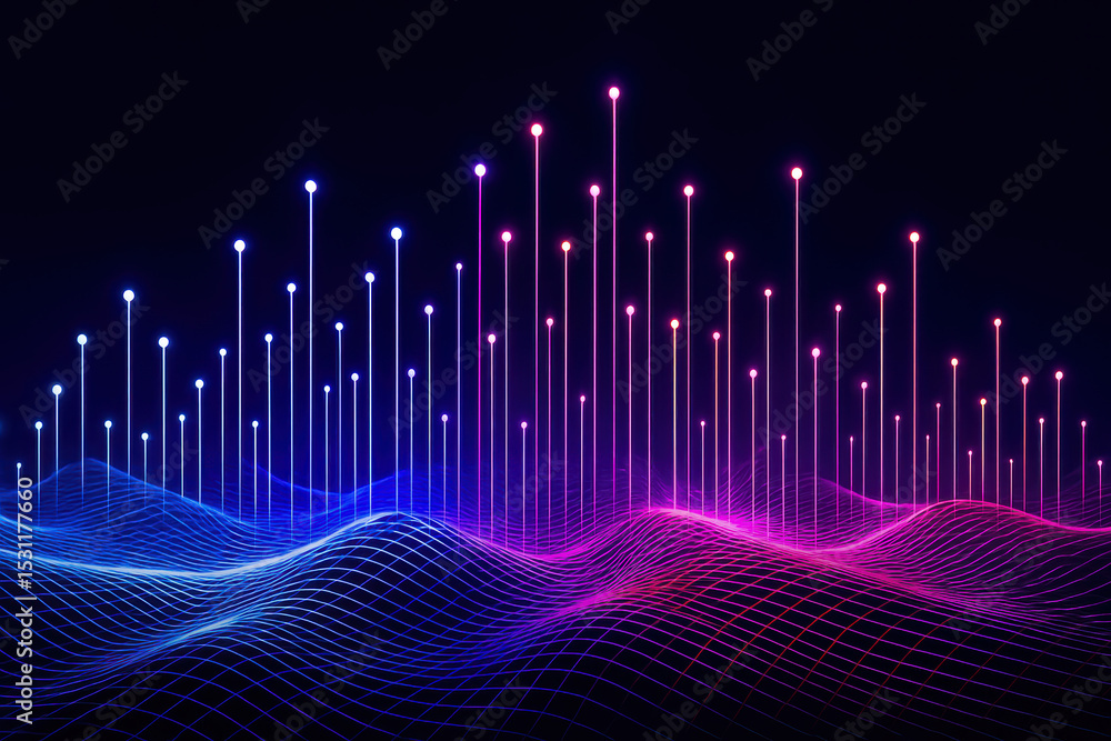 Poster this digital landscape visualizes data and innovation through vertical glowing lines rising above a 