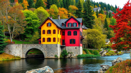 house in the woods, old house in the village, hut in the jungle, river, stone bridge
