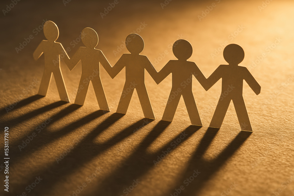 Poster collaboration and create a strong foundation for teamwork symbolized by connected paper figures stan