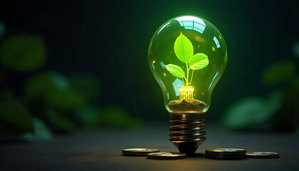 Green Energy Concept: Plant Growing Inside a Light Bulb with Coins