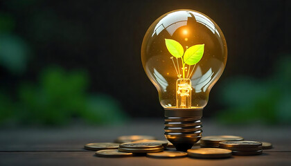 Green Energy Concept: Plant Growing Inside a Light Bulb with Coins