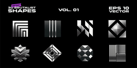 Abstract Brutalist 3D Logo Shapes Set. Postmodern Geometry Distorted Vector Brutal y2k Symbols. Trendy Futuristic Graphic Design Elements. Minimal Retro Modernist Aesthetics Geometric Emblem Icons