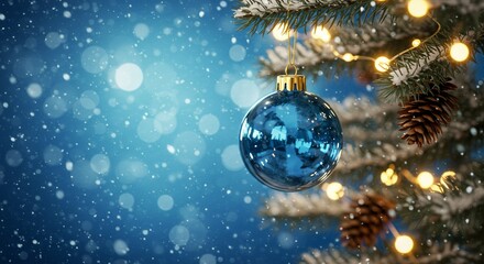 Sparkling Blue Ornament on Snowy Christmas Tree Branch