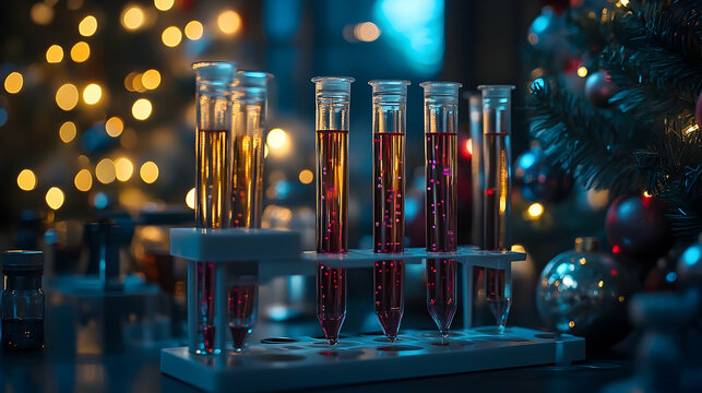 Test tubes filled with colorful liquids on a stand, surrounded by christmas lights.