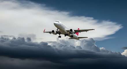 Obraz premium Airplane taking off against a backdrop of dramatic clouds and blue sky on a sunny day scene
