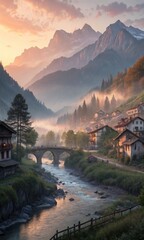 Fototapeta premium Scenic sunset over serene mountain village idyllic river valley landscape photography tranquil nature panoramic view peaceful retreat