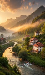 Fototapeta premium Tranquil river sunset mountain village nature photography serene landscape captivating view peaceful atmosphere