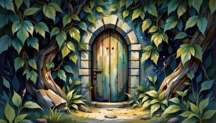 Whimsical cartoon forest door illustration, enchanting entry to a magical woodland adventure