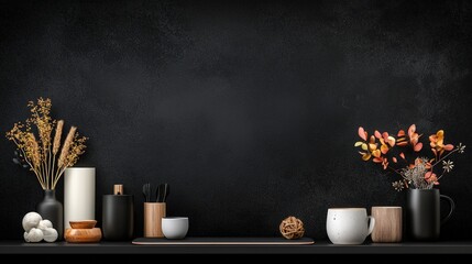 Modern Minimalist Flatlay of Black and White Home Decor Accessories
