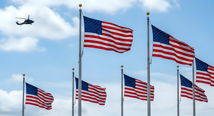 Obraz premium A view of multiple american flags waving in the wind with a helicopter in the cloudy sky above them