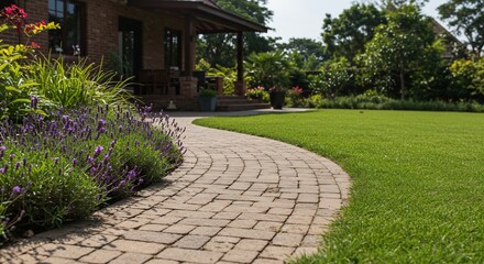 Obraz premium Sunlit Brick Path Winding Through Lavender and Lush Lawn