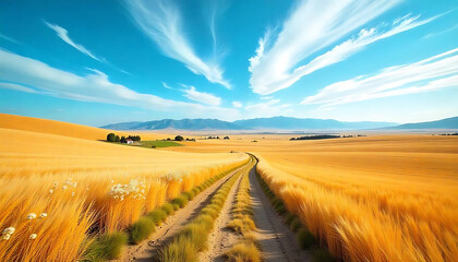 Golden Wheat Field Path Under a Vivid Blue Sky