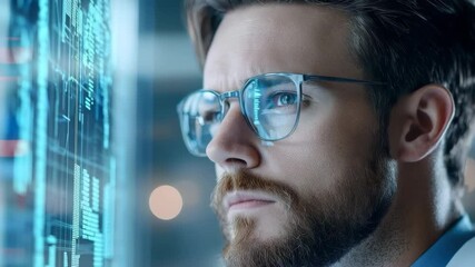 Focused young man with beard and glasses analyzing digital data transparent screen, technology and innovation concept modern office environment, determination and concentration, close up of adult - Powered by Adobe