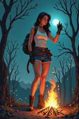 Adventurous young woman contemplative standing by a campfire in a dark forest at night