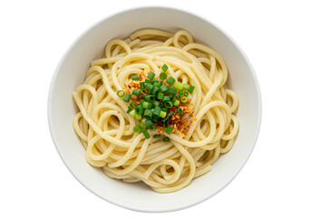 Bowl of noodles with garlic and green onions isolated on transparent background