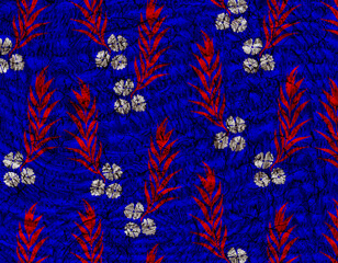 Red Leaf and Flower Seamless Pattern on Blue Cracked Texture