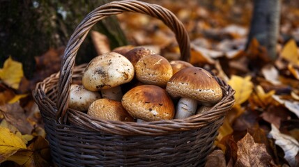 Mushroom Basket in Autumn: A rustic wicker basket overflows with freshly picked mushrooms, nestled amongst vibrant autumn leaves.